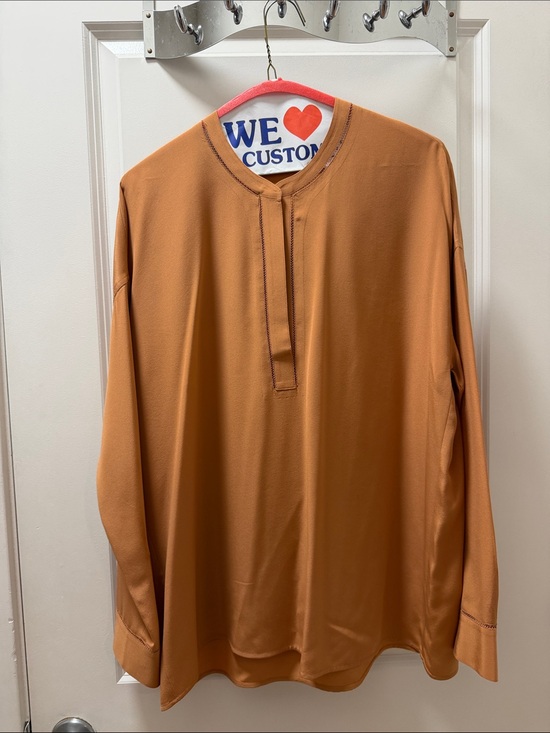 Vince Tops - Vince Long-Sleeve Henley Silk Blouse in Amber Brown